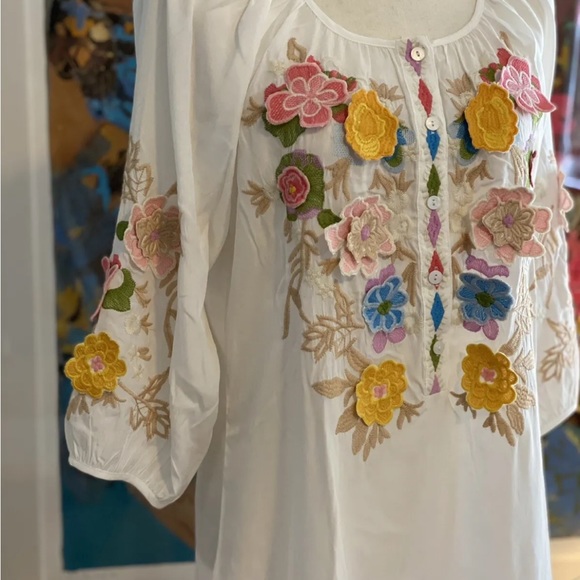 🌸 Gorgeous New Floral Appliqué *Johnny Was Style* Cupro Rayon White Dress & SLIP - Picture 2 of 8
